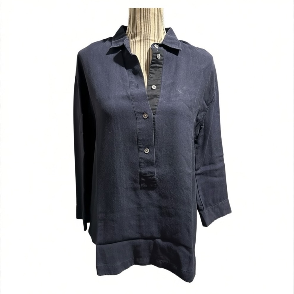 JCrew navy blue 3/4 sleeve pullover blouse linen blend xsmall collared